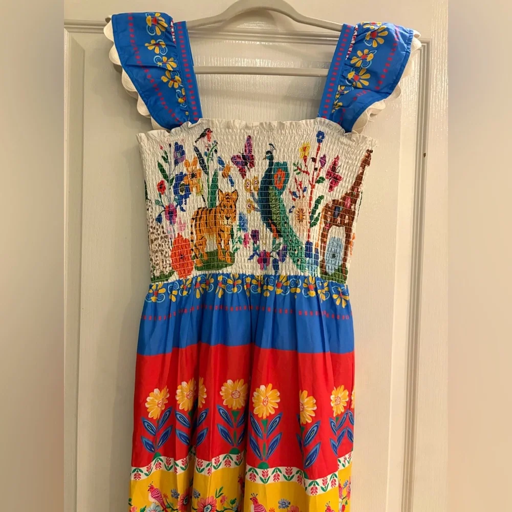 THML Tropical Animal Print Smocked Midi Dress Small Anthropologie NWT - Picture 15 of 16
